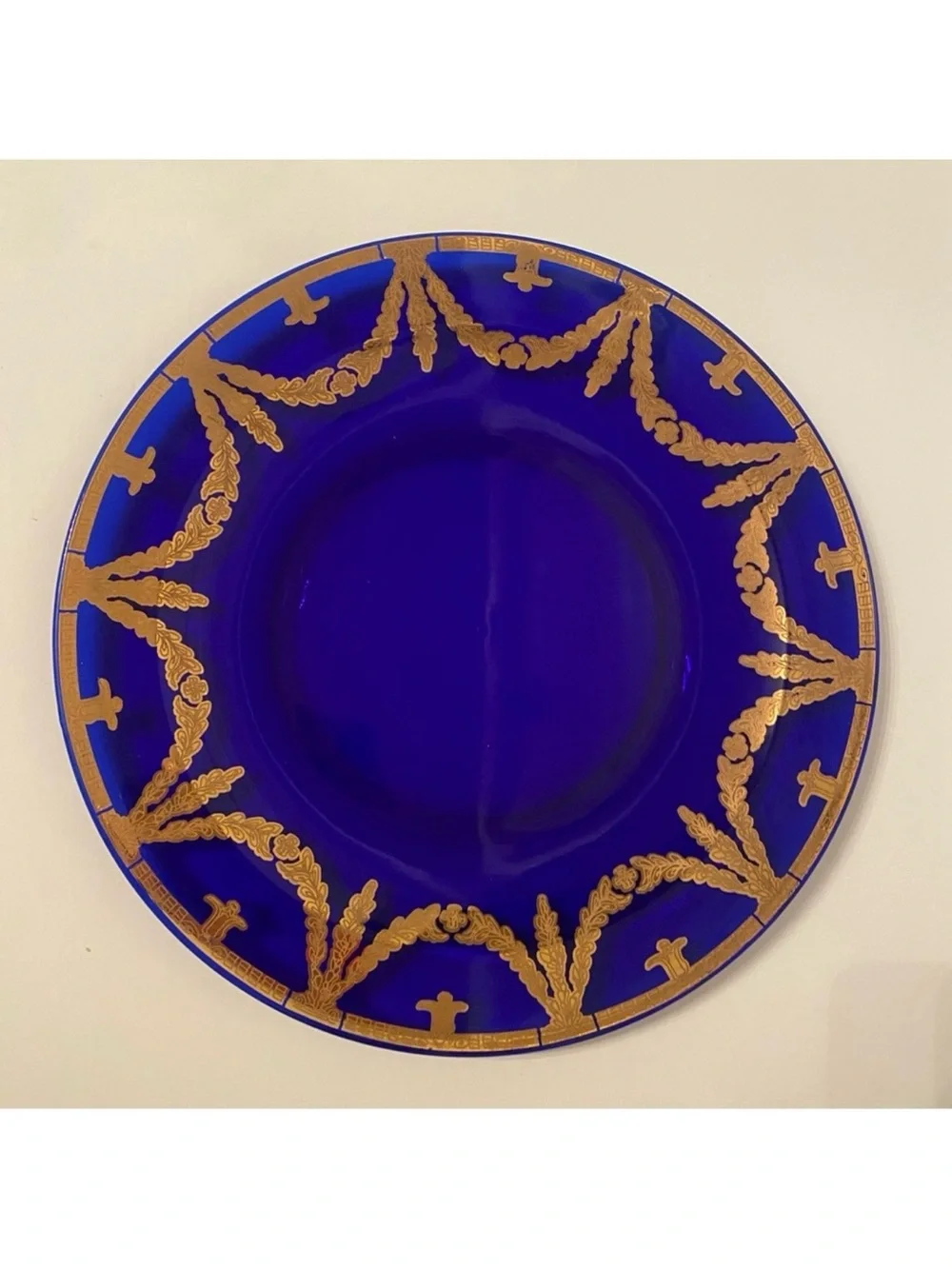 PLATE CHARGER PLATTER VINTAGE BLUE GLASS GOLD LEAF HOME DINING DINNER SERVEWARE